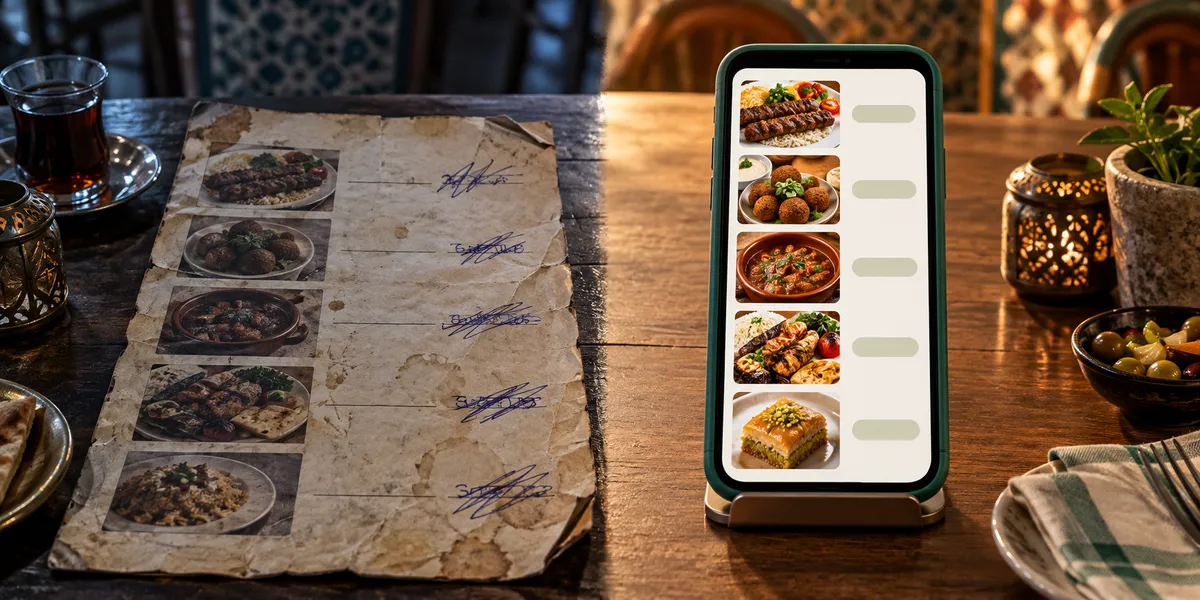 مقارنة بين منيو ورقي قديم ومنيو QR إلكتروني على الموبايل