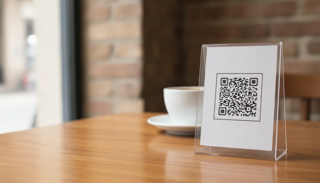 استاند أكريليك يحمل كود QR على طاولة كافيه