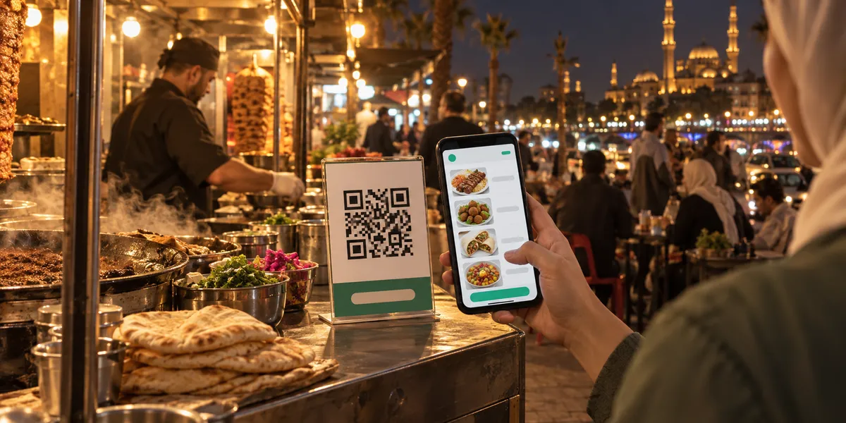 زبون يمسح QR لمنيو سريع في مطعم ذي إشارة هاتف ضعيفة