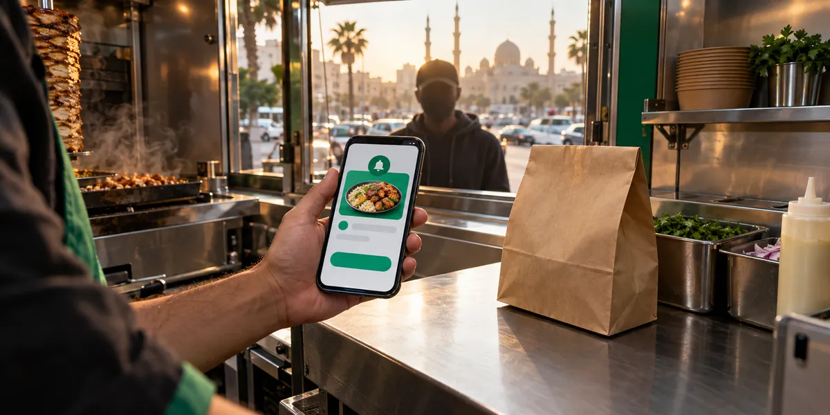 صاحب الفود تراك يستقبل تنبيه طلب جديد على الموبايل وكيس التيك أواي جاهز