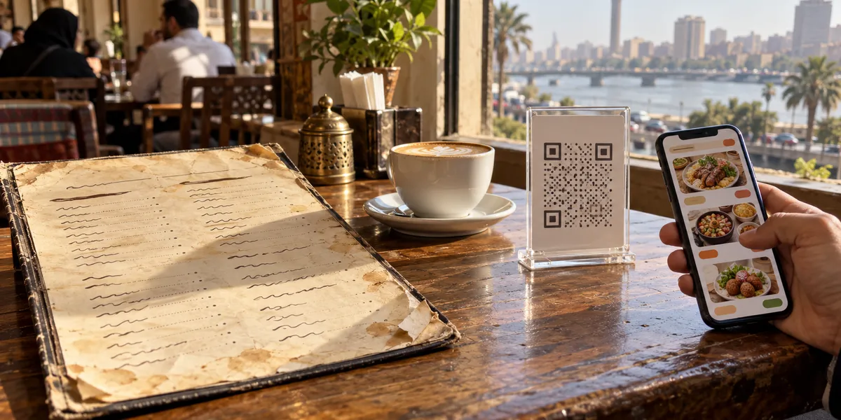 قائمة ورقية مغلفة بجوار حامل QR وهاتف يعرض منيو إلكتروني