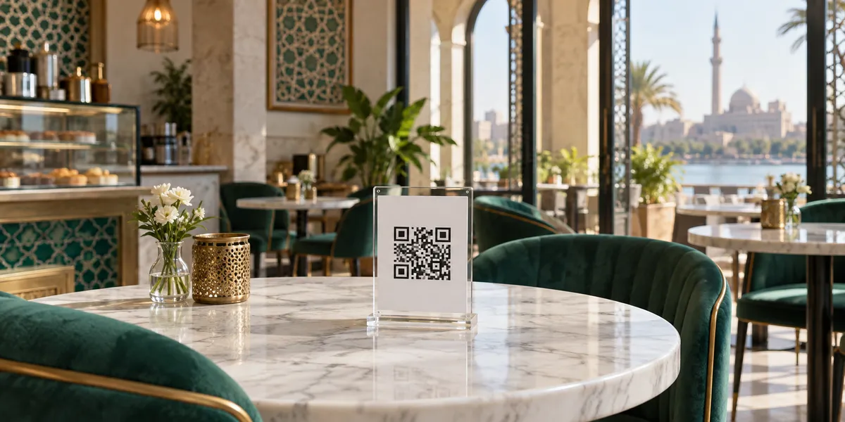 ستاند أكريليك شفاف يحمل كود منيو QR على طاولة كافيه عصرية