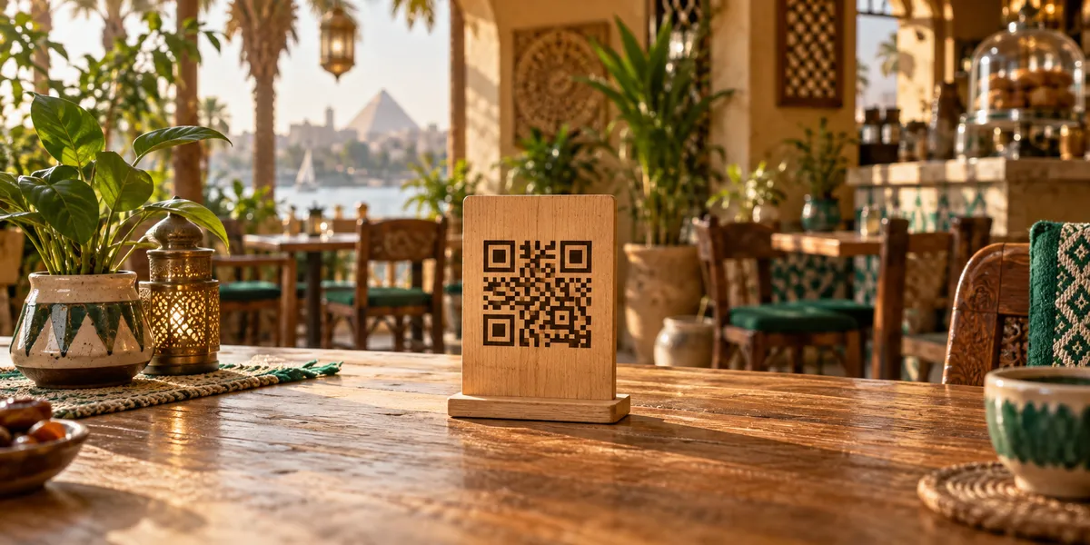 حامل باركود خشبي محفور على طاولة كافيه دافئة